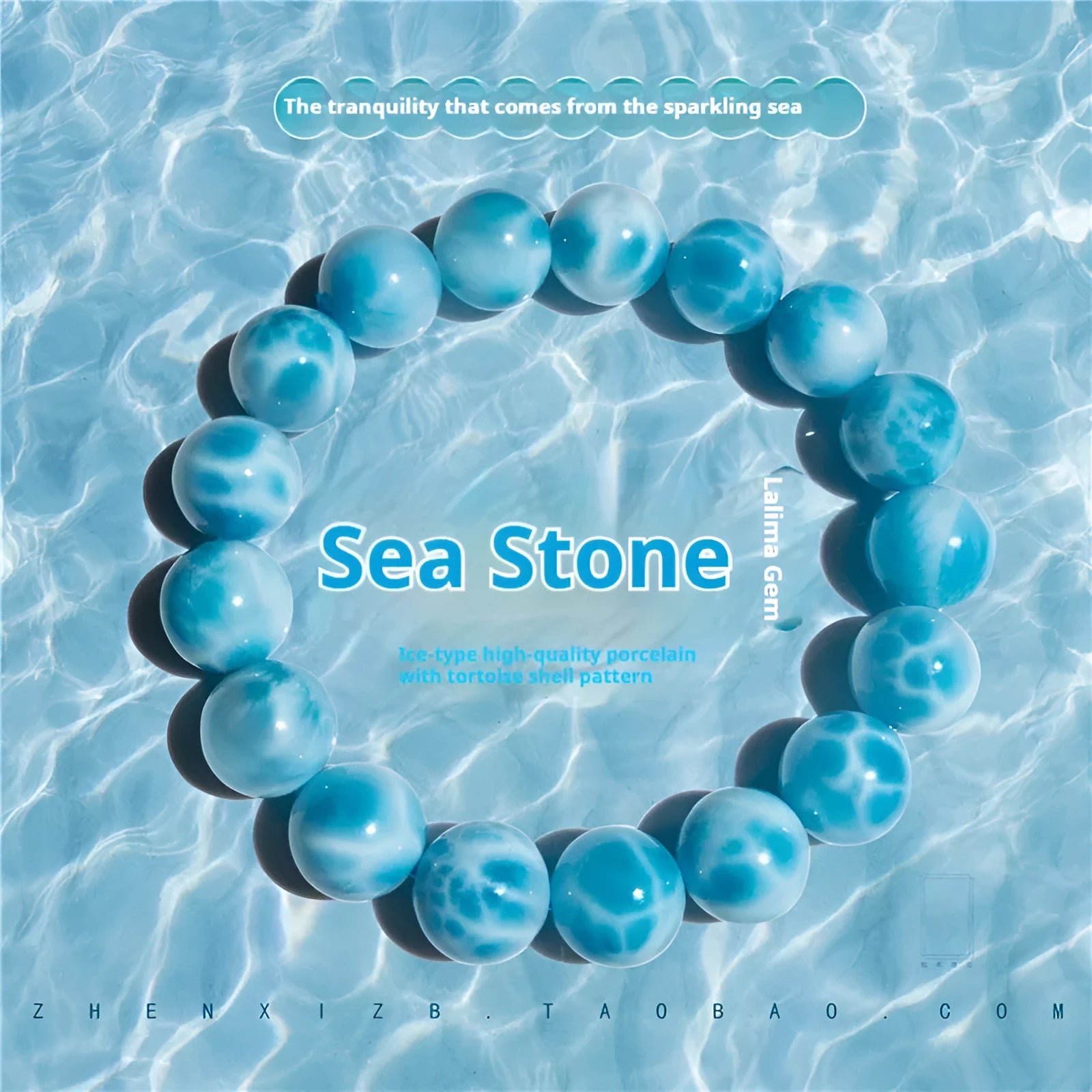 Blue Bodhi bracelet with pearl elements, showing Maillard style and range of bead sizes.