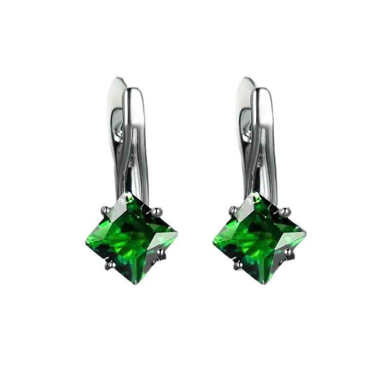 Copper women's diamond design stud earrings with inlaid zircon stones in blue, colour, and green options