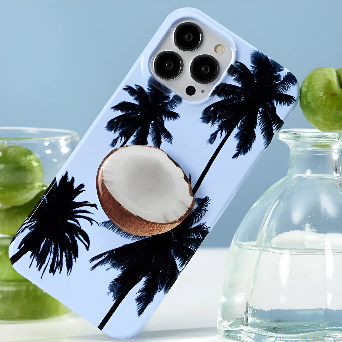 Summer Coconut coloured TPU protective iPhone case with a detachable bracket shown next to an iPhone.