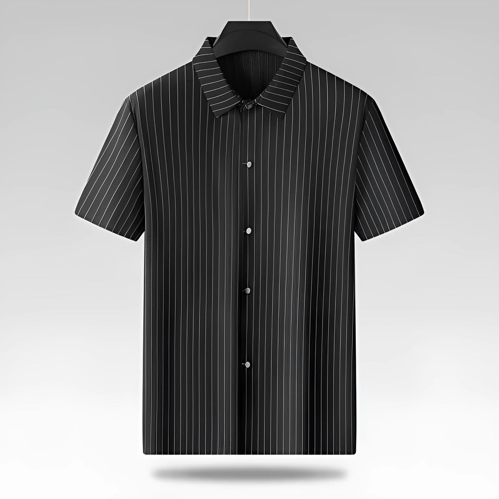 A man wearing a black plus size loose fit striped casual shirt with a square collar.