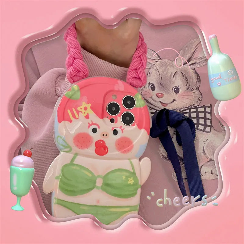 Pink and green cartoon girl swimsuit design on a silicone iPhone case for fall protection.