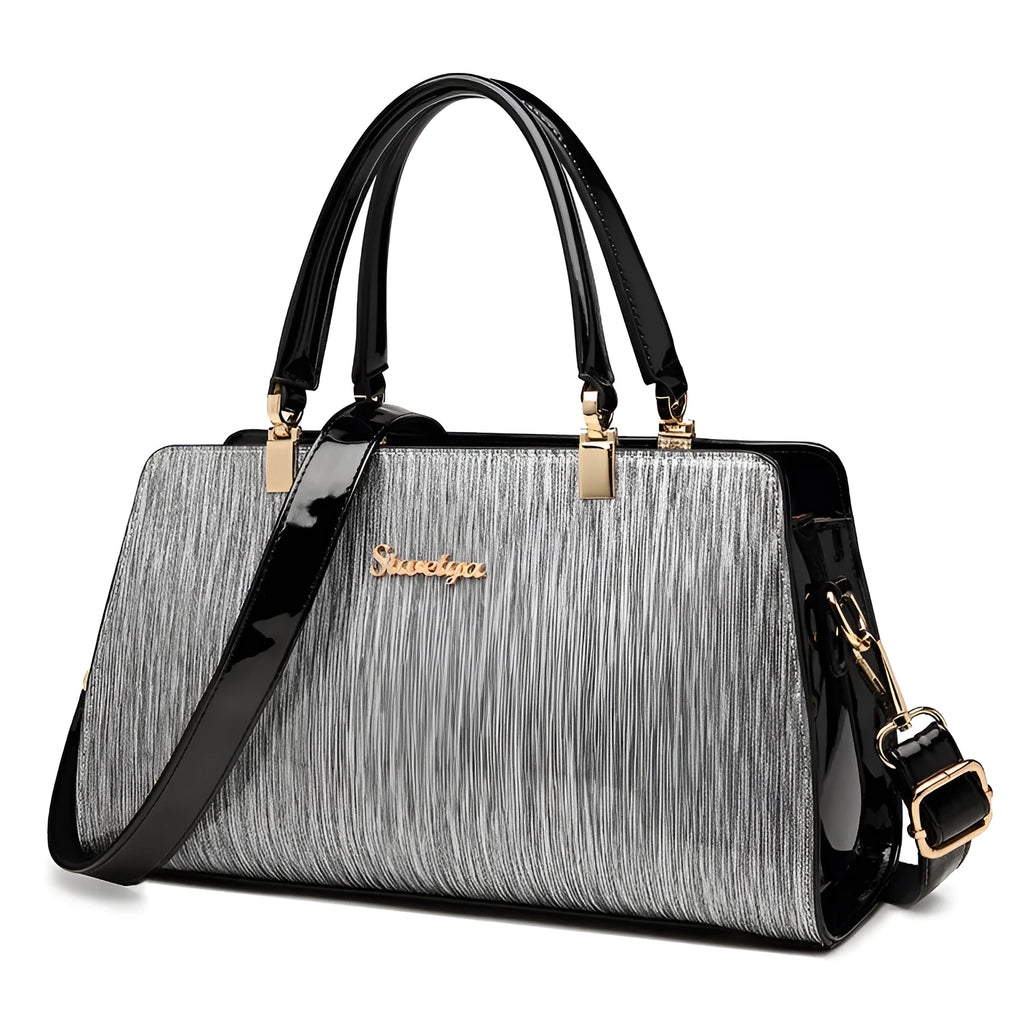 Medium PU leather messenger handbag in horizontal square shape with gold or silver contrast colour