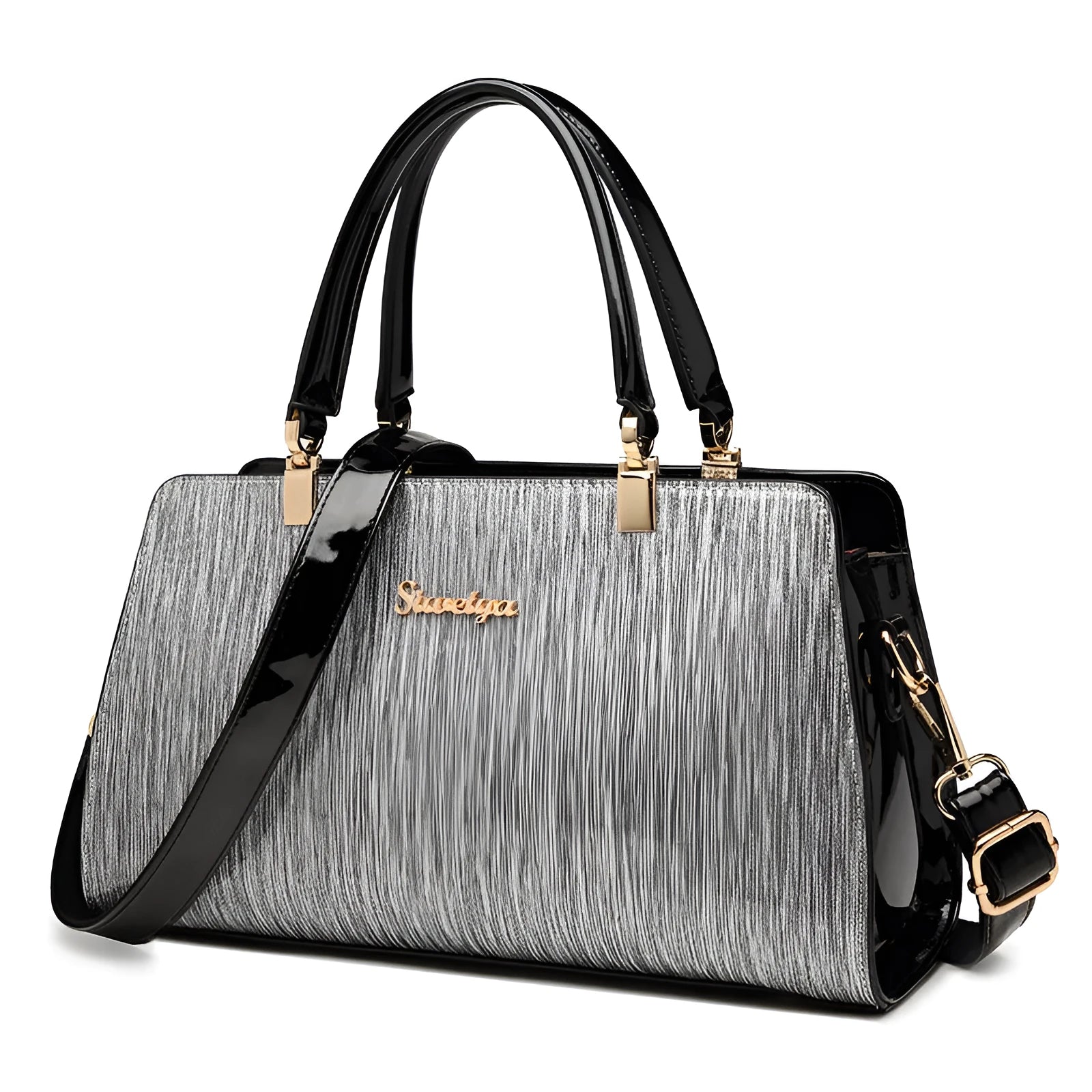 Medium PU leather messenger handbag in horizontal square shape with gold or silver contrast colour
