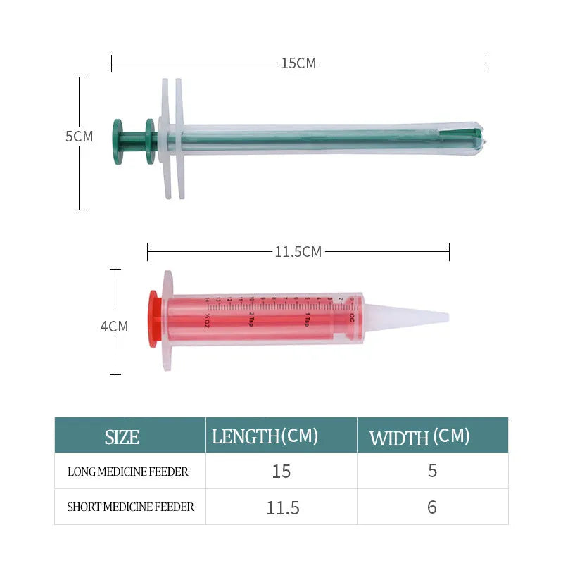 Two silicone pet pill shooter dispensers with soft tips for feeding medicine to cats and dogs