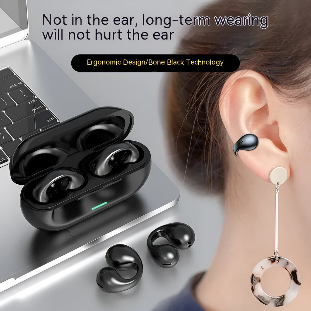 Wireless ear clip Bluetooth headset in black with breathing light, comfortable not in-ear design for sports