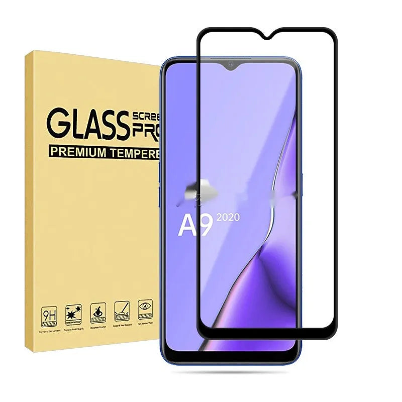 OPPO A9 2020 full glue tempered glass screen protector showing black colour and full screen coverage