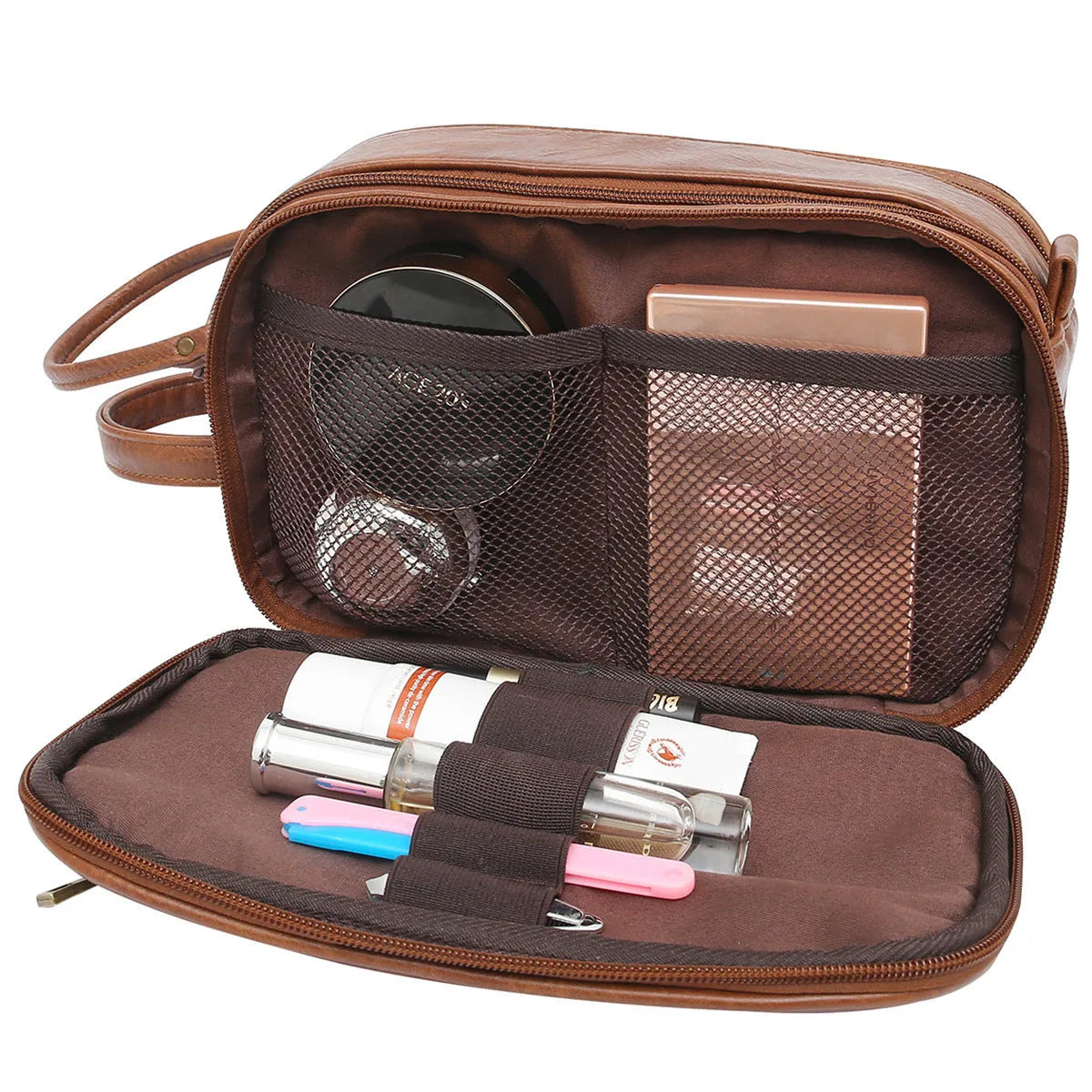 Men's black toiletry bag with multiple compartments made from waterproof PU leather