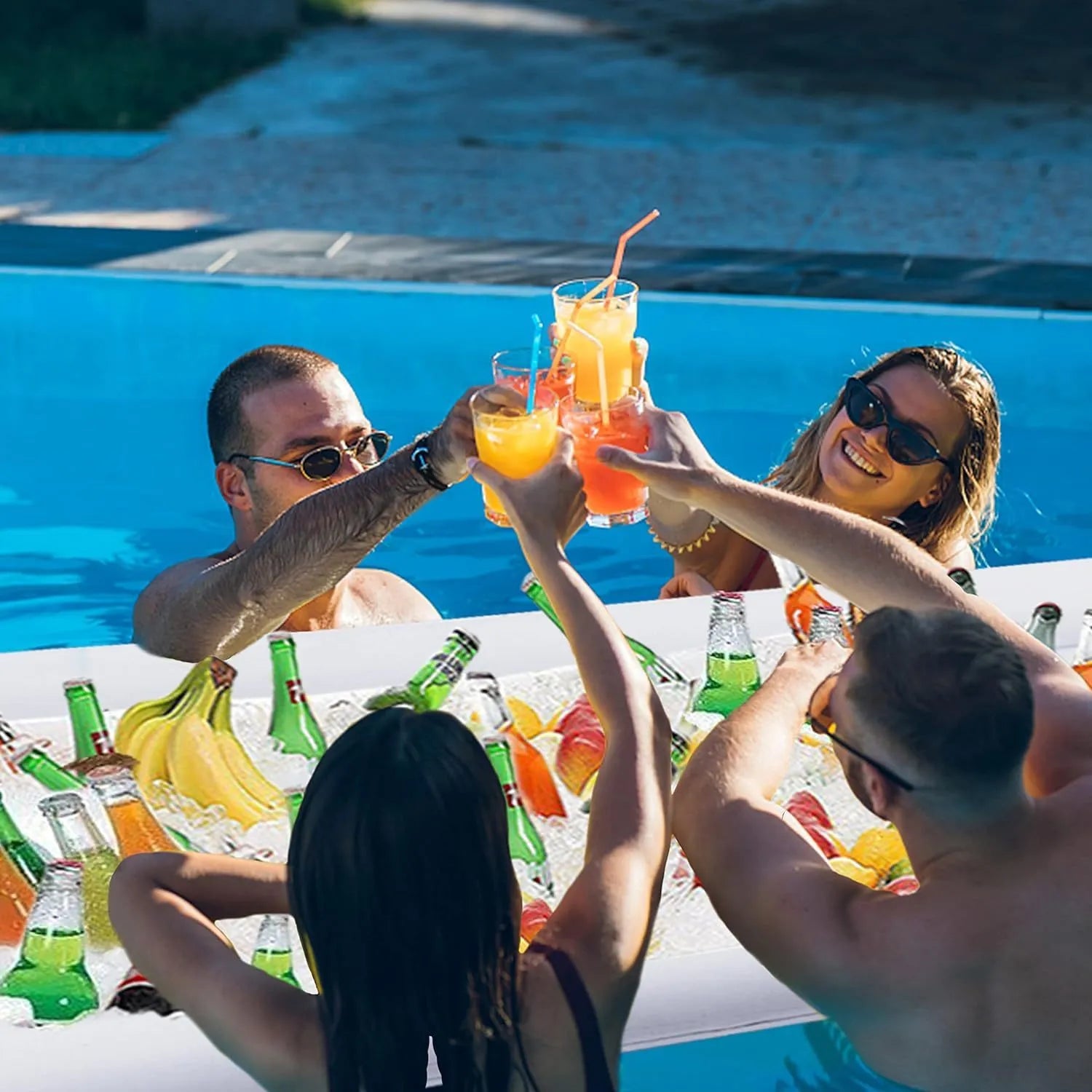 Yellow inflatable ice bar with cup holder and ice bucket for party drinks service.