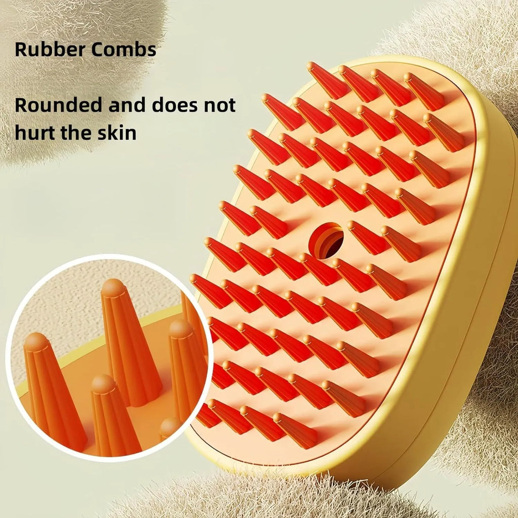 White and yellow rechargeable steam pet brush for dogs and cats on a table