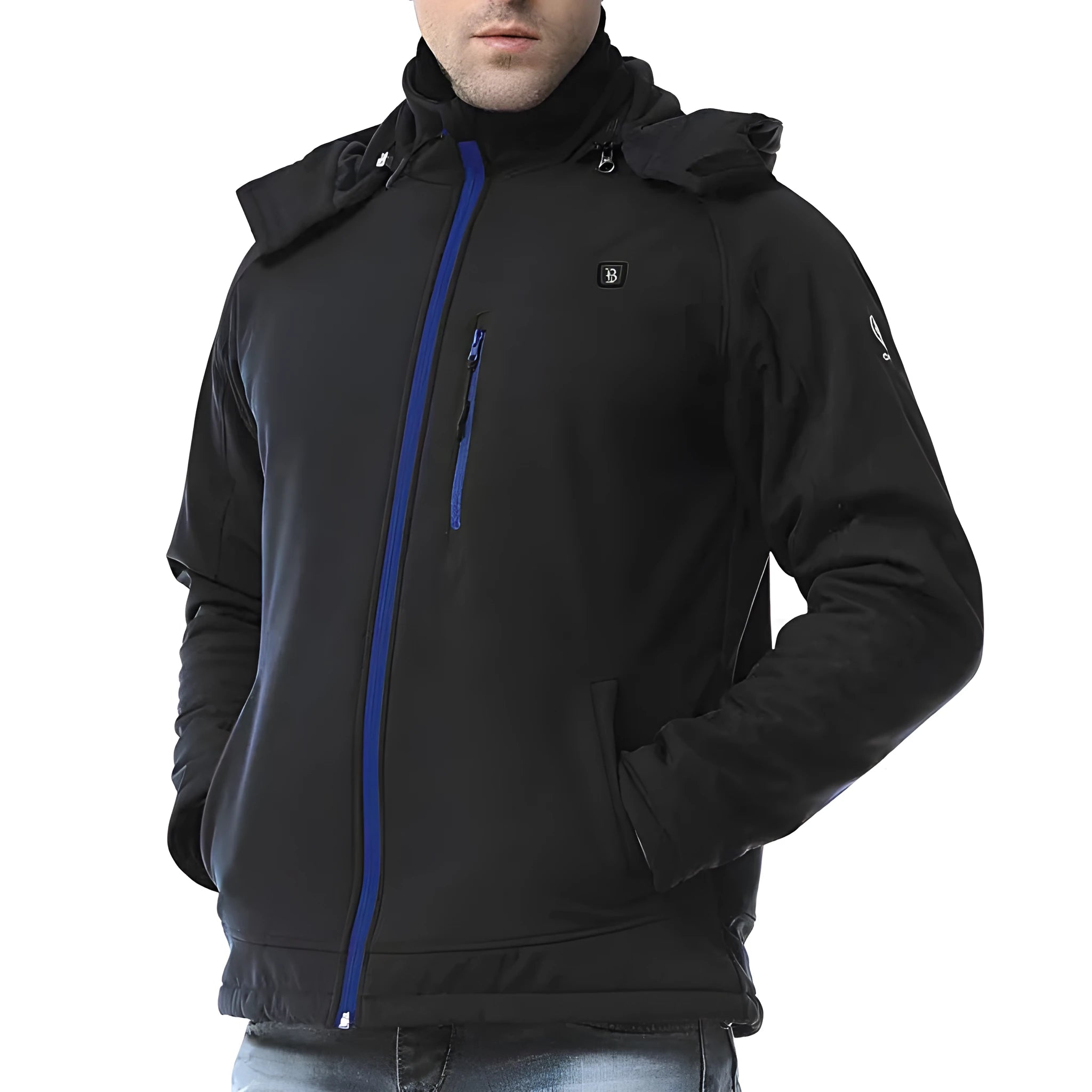 Black men's USB electric heating winter coat with long sleeves and straight hem