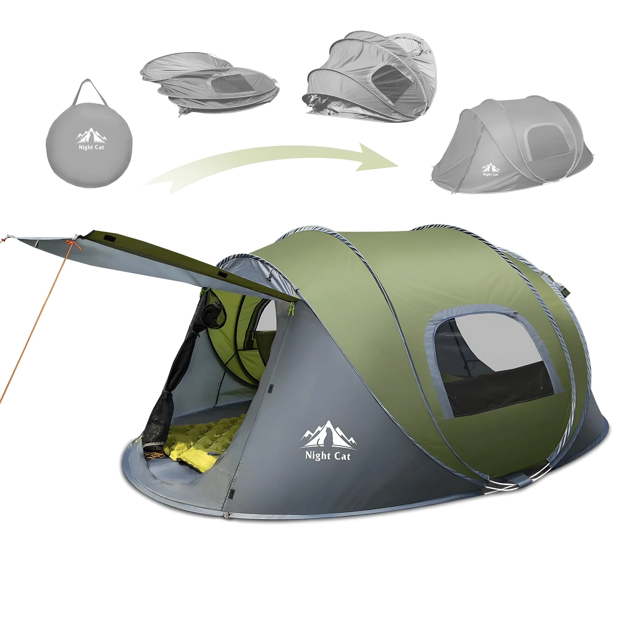 Dark green instant pop-up camping tent shown with automatic deployment mechanism and waterproof rainfly