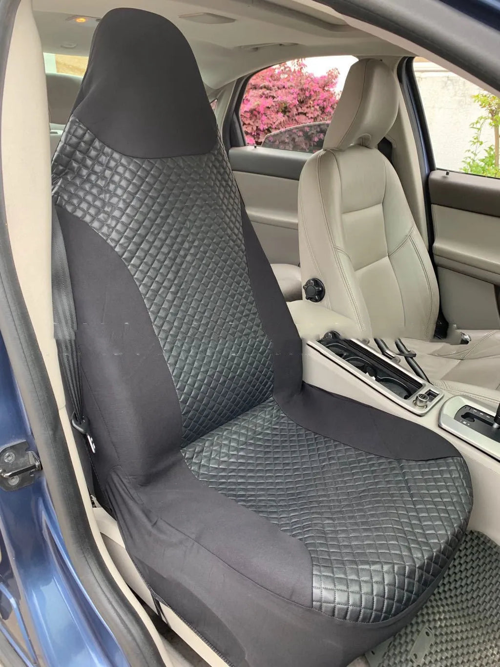 Black quilted polyurethane car seat cover for front seats with plastic attachment hooks