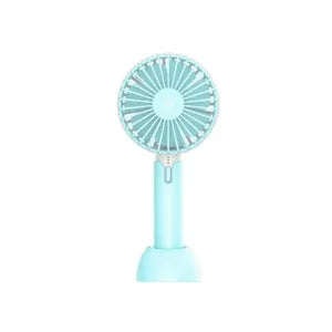 Blue handheld mini USB desktop fan with three speed settings showing compact design