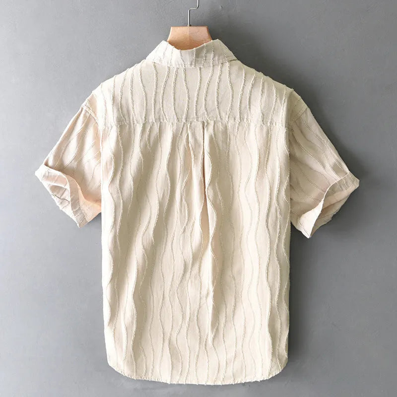 Men's pure cotton casual shirt in Japanese style with short sleeves and loose fit