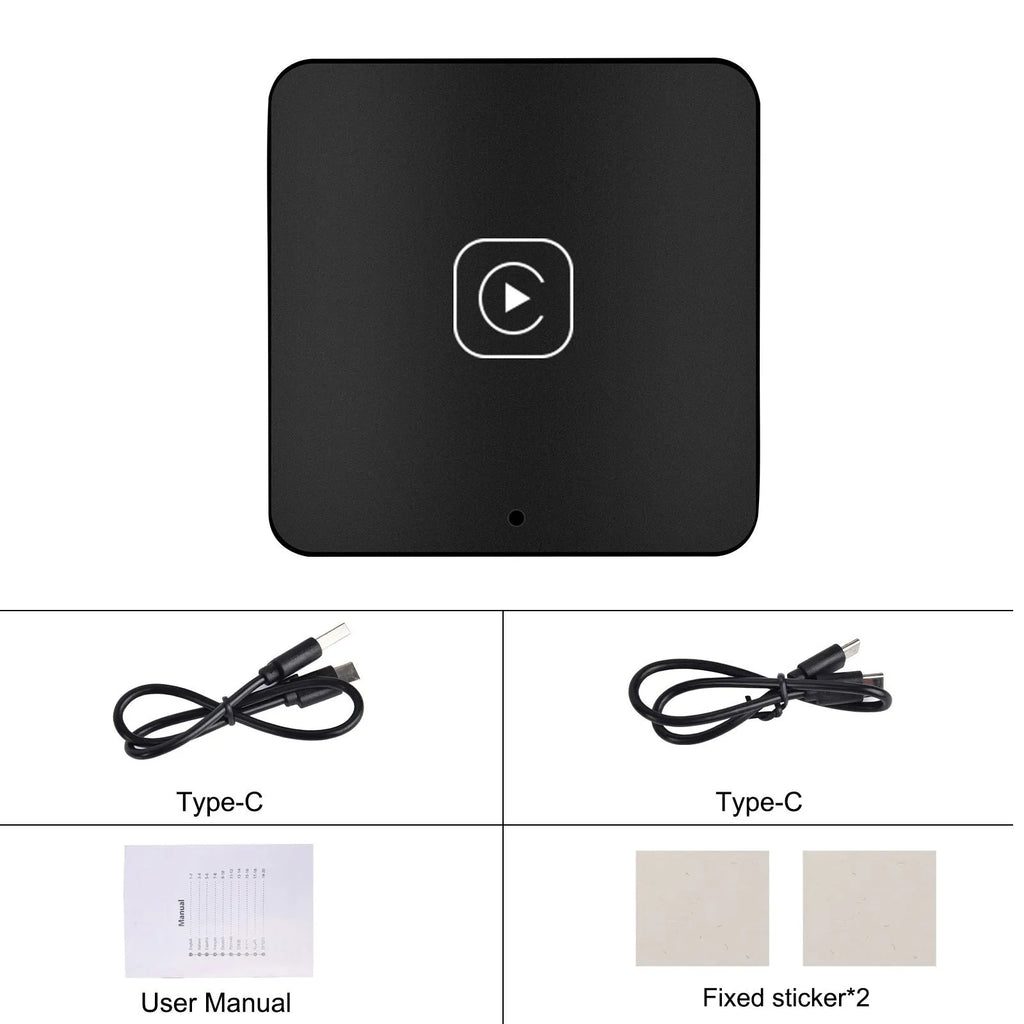 Black wireless CarPlay adapter module with cables for converting wired factory car systems to wireless smartphone integration