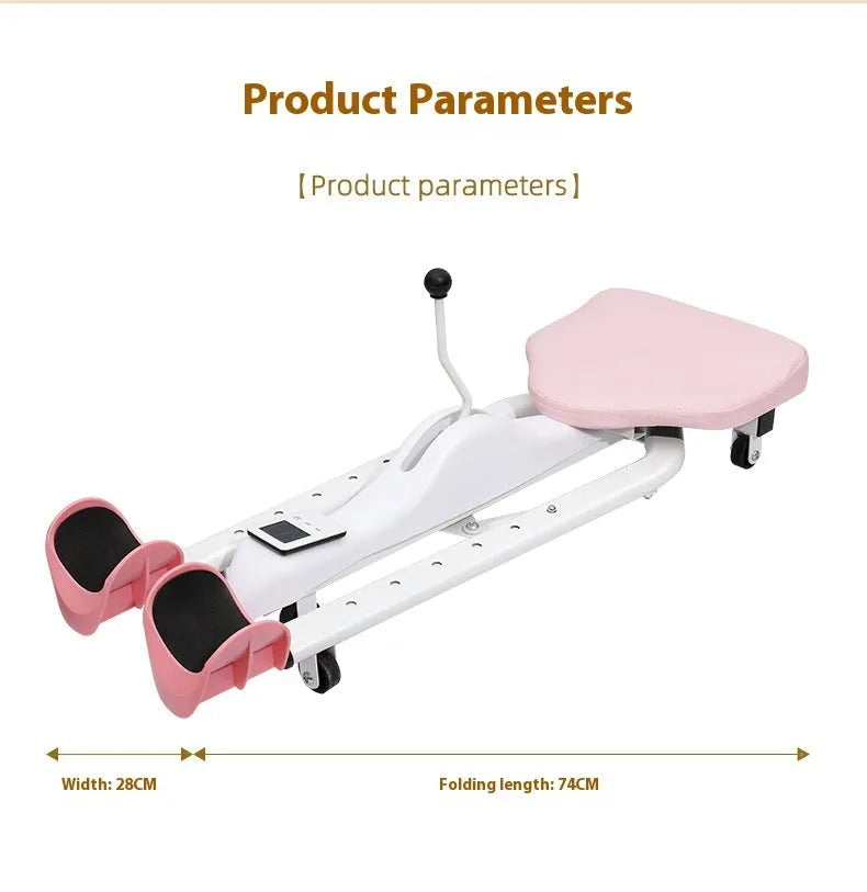 Pink and blue horse leg opener stretching equipment with steel frame, foam padding, and optional backrest.