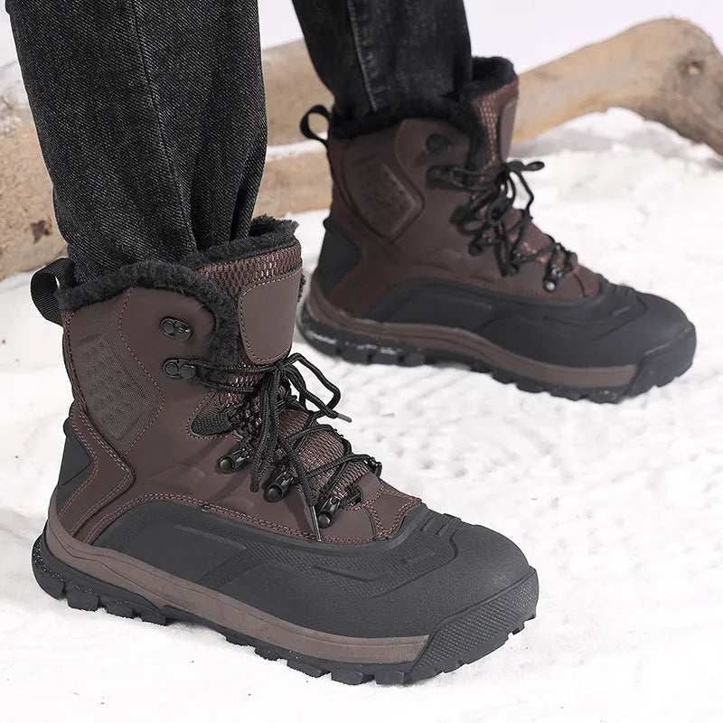Men's black fleece-lined high-top lace-up boots on a ribbed TPR sole, showing tall crown design.