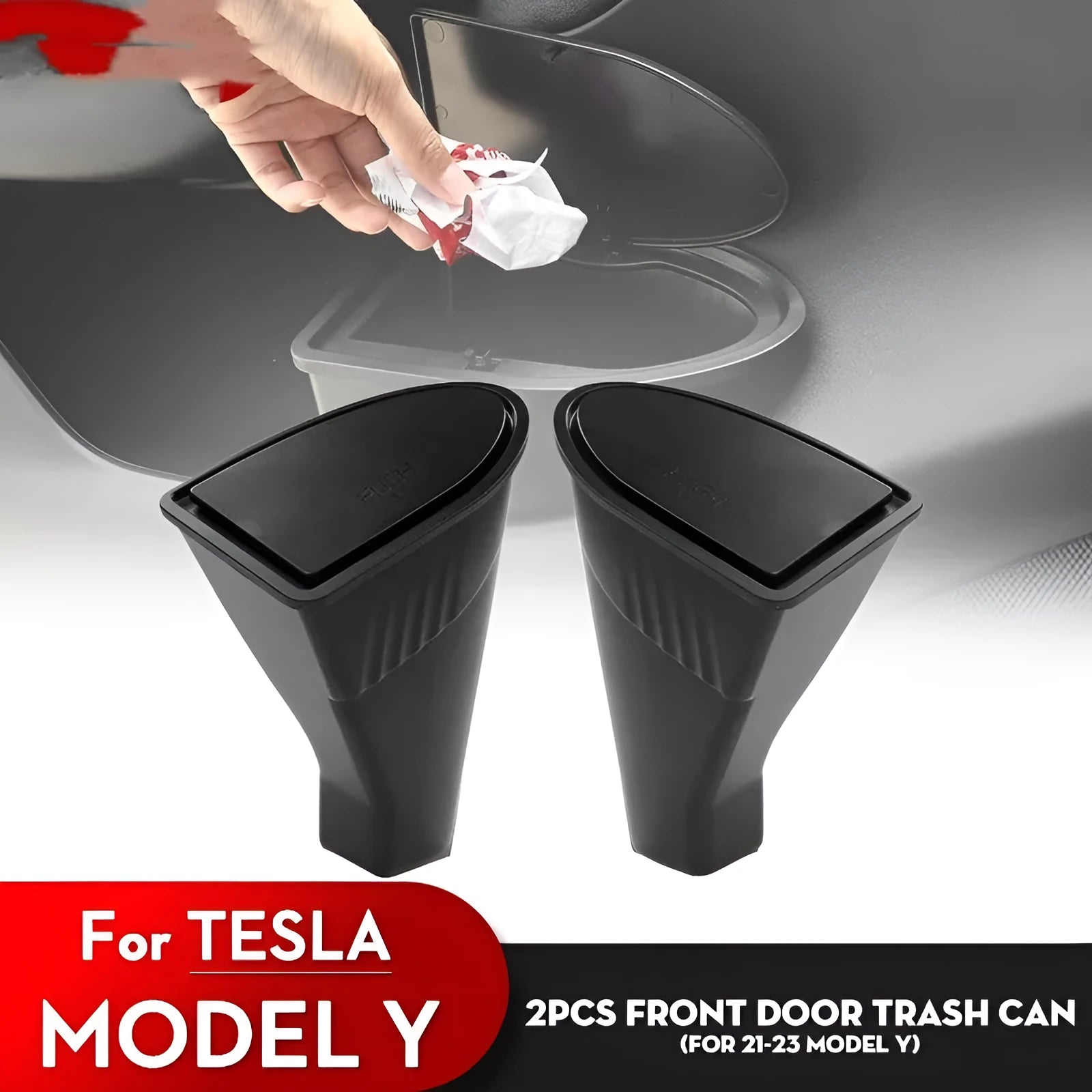 Two black ABS plastic Tesla Model Y car door trash cans showing Y-type design