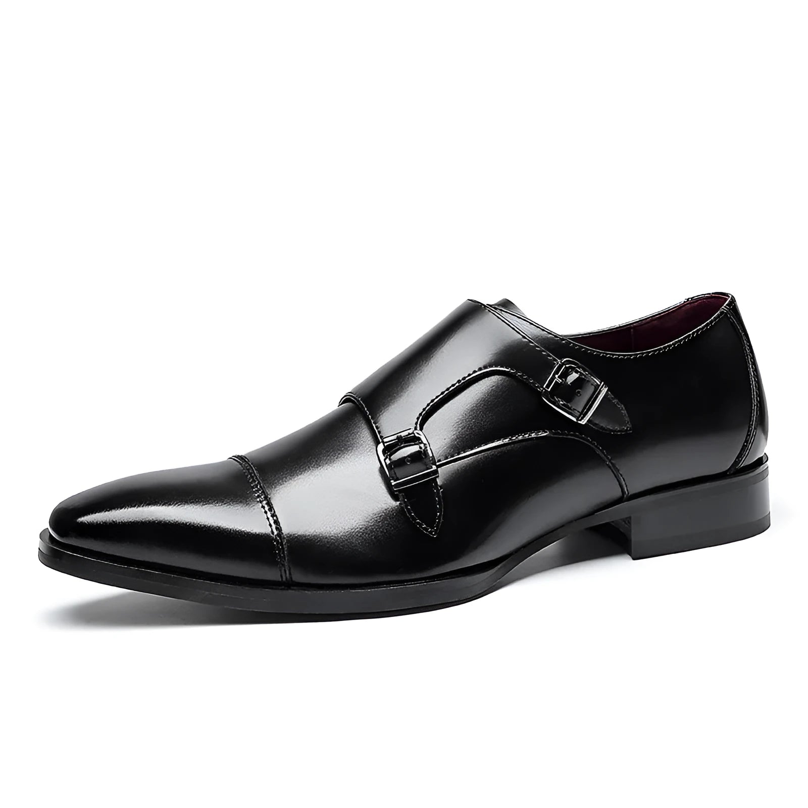 Men's black and light brown square toe leather shoes with rubber sole for business wear.