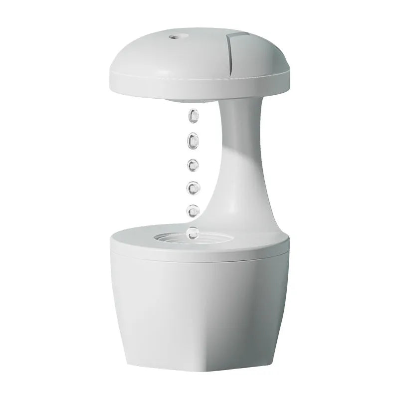 Suspended anti-gravity ultrasonic humidifier in white column shape with USB cord and plastic body