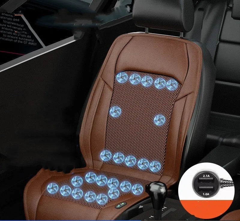 Black ventilated car seat cushion with multiple cooling fans, connected to a 12V car plug.