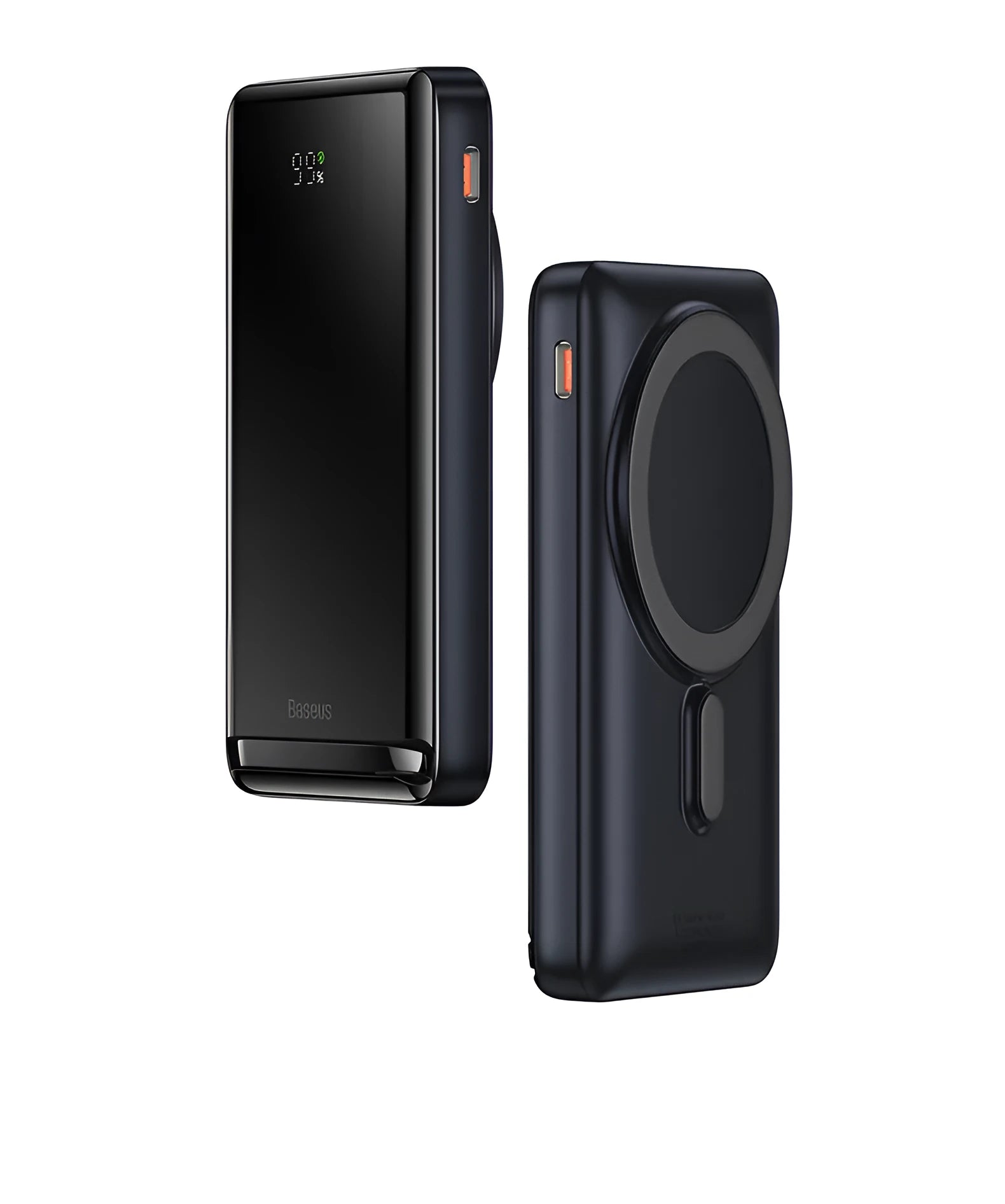Slim blue magnetic power bank showing wireless charging surface and USB port