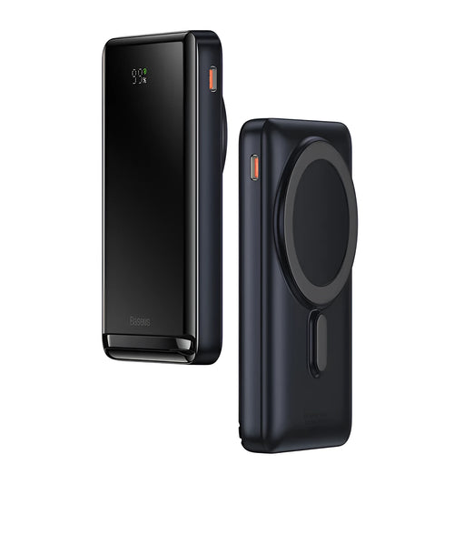 Slim blue magnetic power bank showing wireless charging surface and USB port