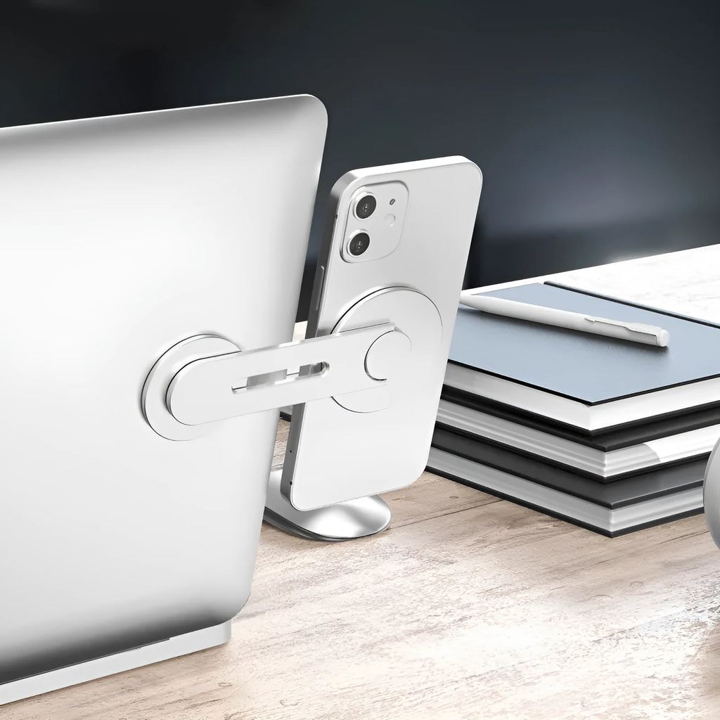 Silver aluminium magnetic car phone holder showing 180-degree flip mechanism with hidden bracket