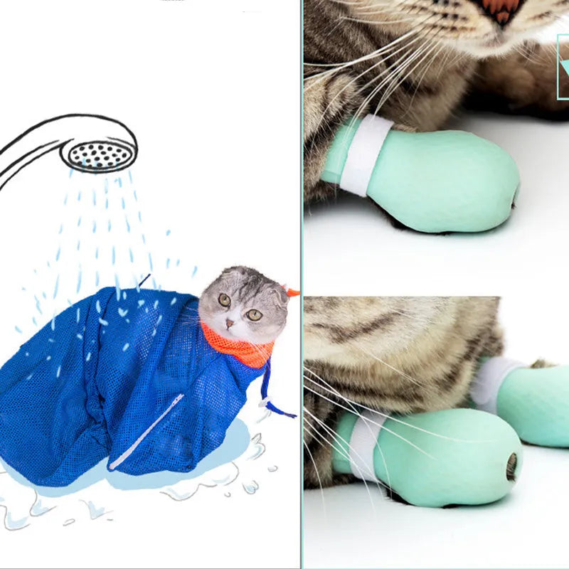 Transparent green silicone cat anti-scratch foot covers showing four protective gloves for pet handling