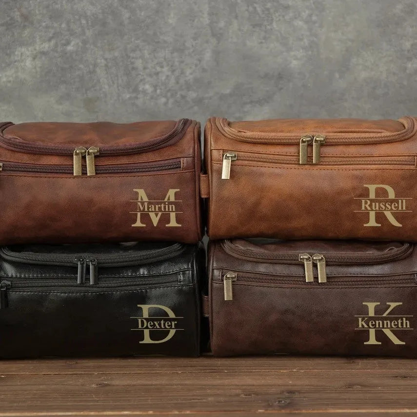 Men's black PU leather travel toiletry bag with included makeup bag for bathroom storage