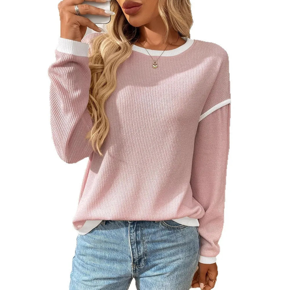 Women's loose round neck long sleeve polyester pullover top in multiple colours