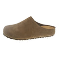 A pair of soft, flat apricot-coloured slip-on slippers with a square toe and microfiber upper on a plain background.