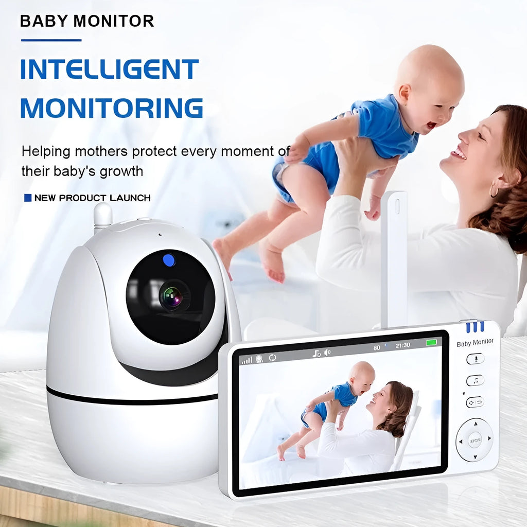 White wireless baby monitor with 5-inch HD screen showing baby room temperature display