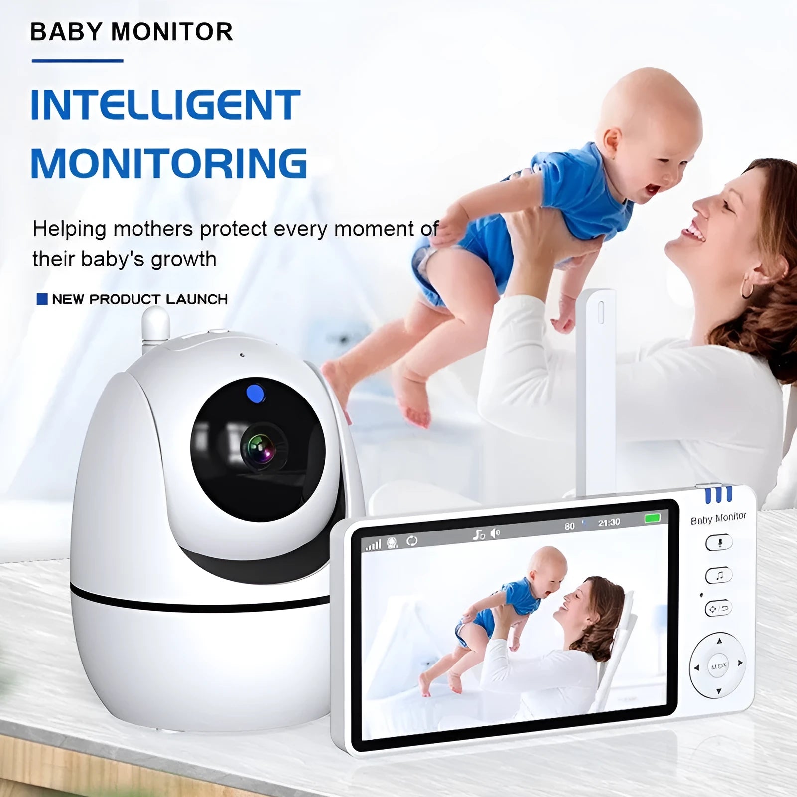 White wireless baby monitor with 5-inch HD screen showing baby room temperature display