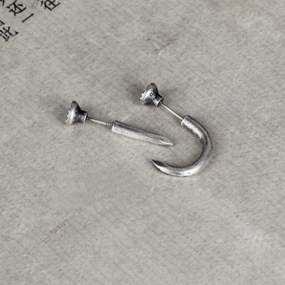 S925 sterling silver nail stud earrings punk retro design straight and curved nail options