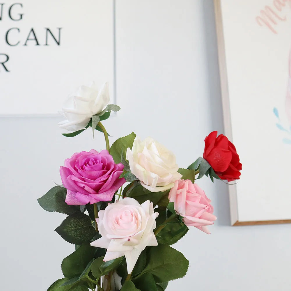 Artificial silk rose flower with fabric petals and plastic components, 42cm length with 8.5cm flower head