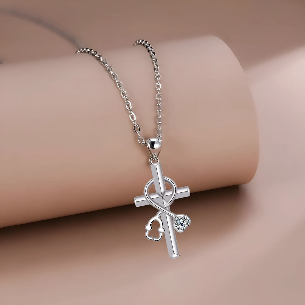 Copper cross stethoscope pendant necklace on cross chain for women