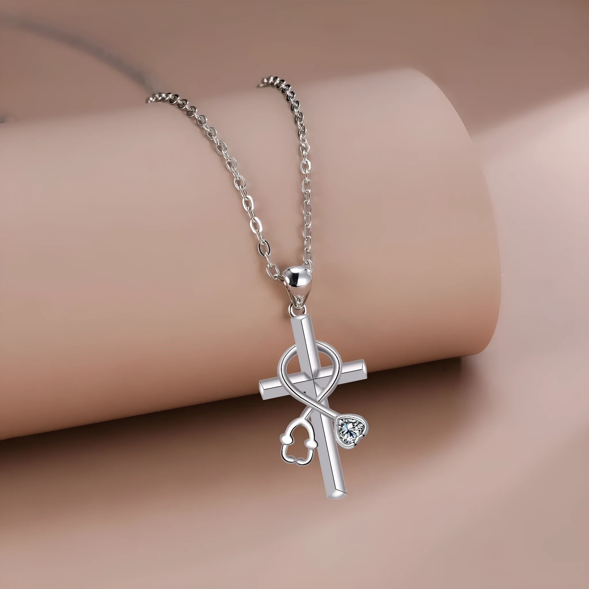 Copper cross stethoscope pendant necklace on cross chain for women