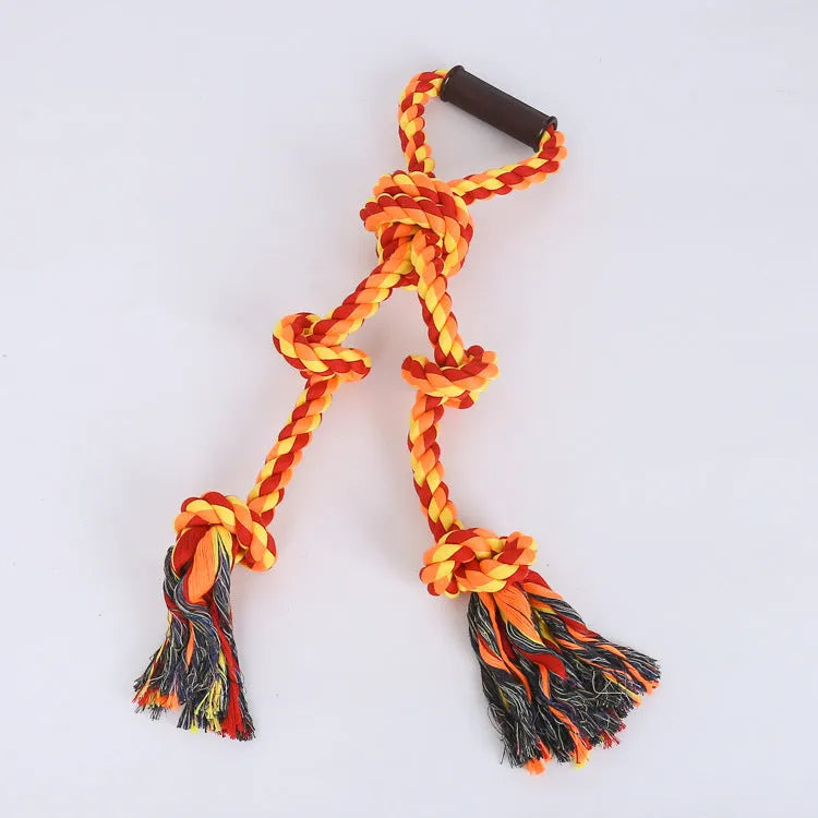 Blue and yellow heavy-duty cotton rope tug toy for large dogs with an ergonomic handle.