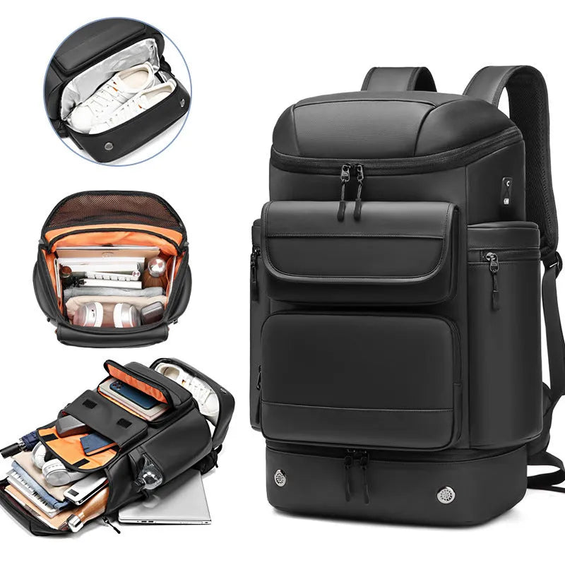 Men's 21 inch waterproof Oxford cloth backpack in black with curved shoulder straps and dry wet separation compartment