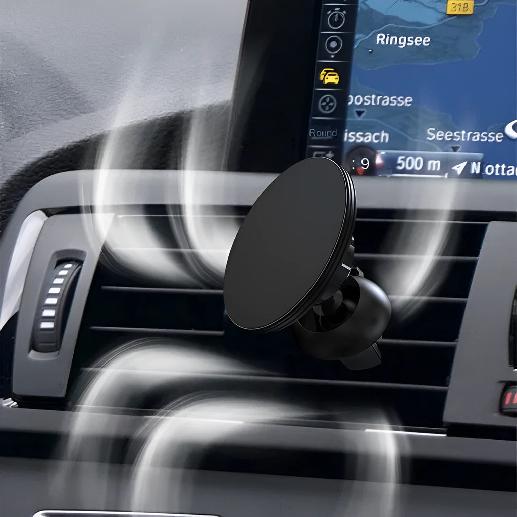 Black aluminium alloy magnetic suction car air outlet mobile phone holder mounted on dashboard
