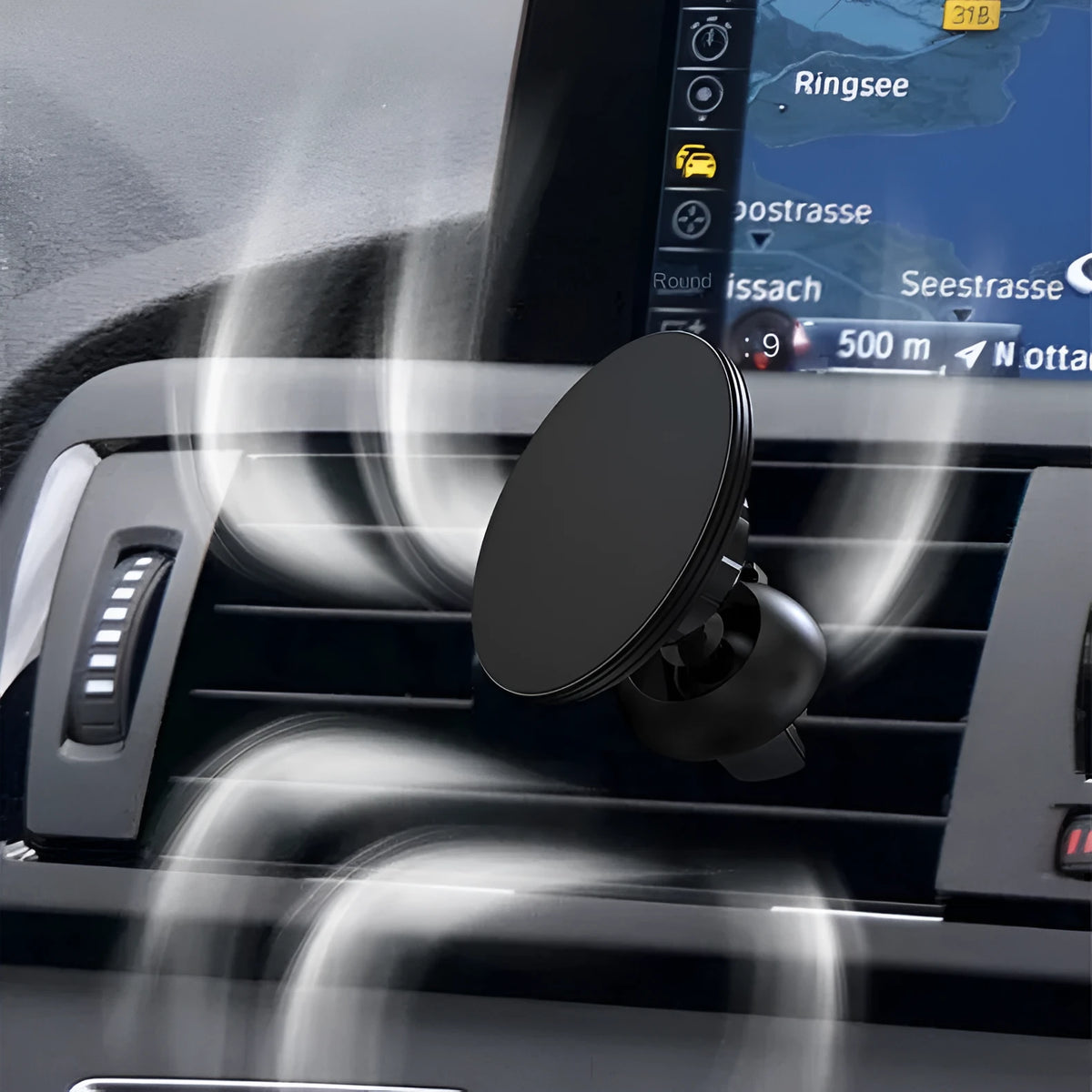 Black aluminium alloy magnetic suction car air outlet mobile phone holder mounted on dashboard