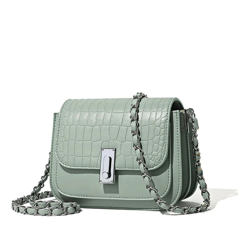 Women's black PU chain shoulder bag with horizontal square design showing mobile phone pocket
