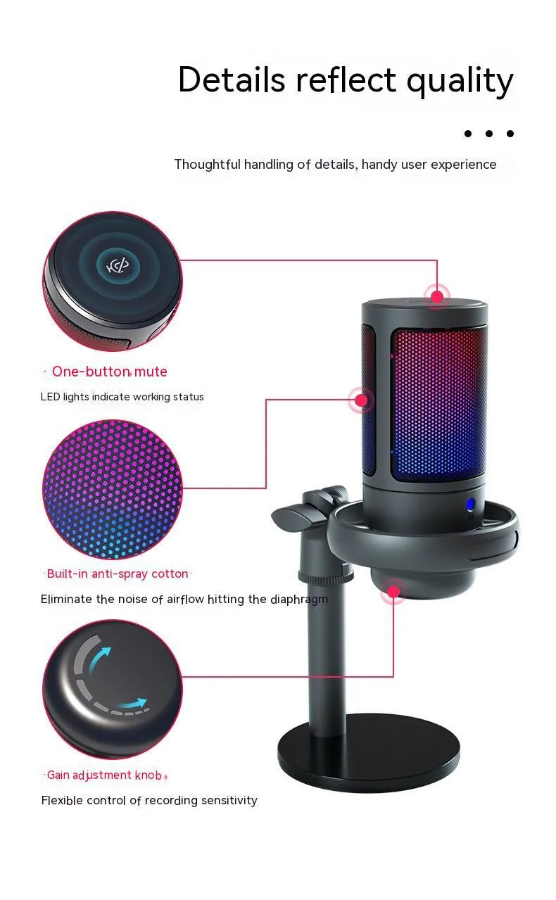 Condenser microphone with RGB lights in black, pink, or white, with a 150cm USB cable.