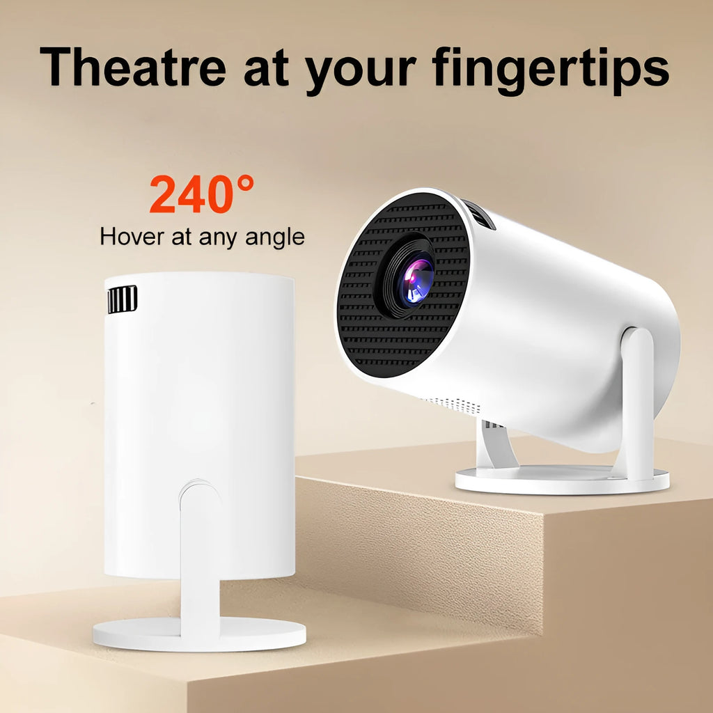 White MINI wireless portable projector showing 1080p HD resolution capability with UK power compatibility