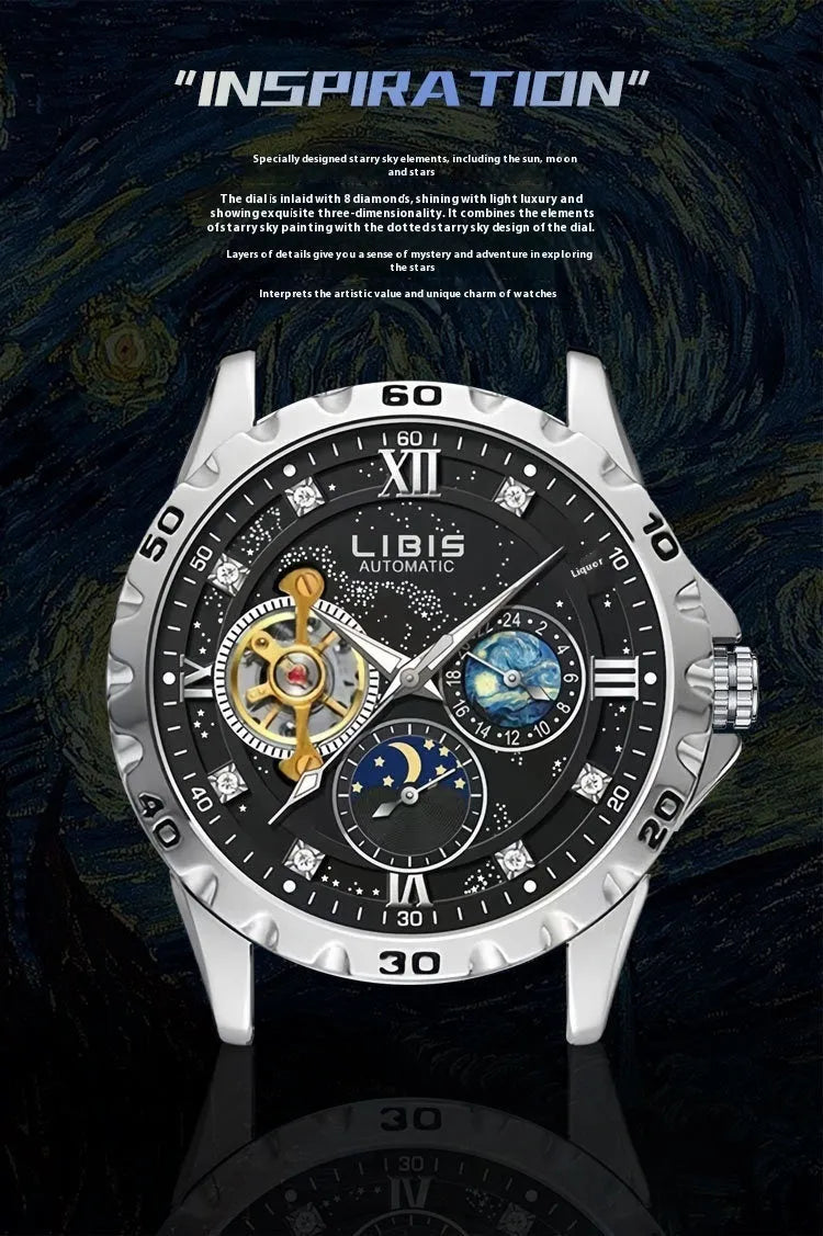 Men's silver case automatic mechanical watch with black starry dial and luminous hands