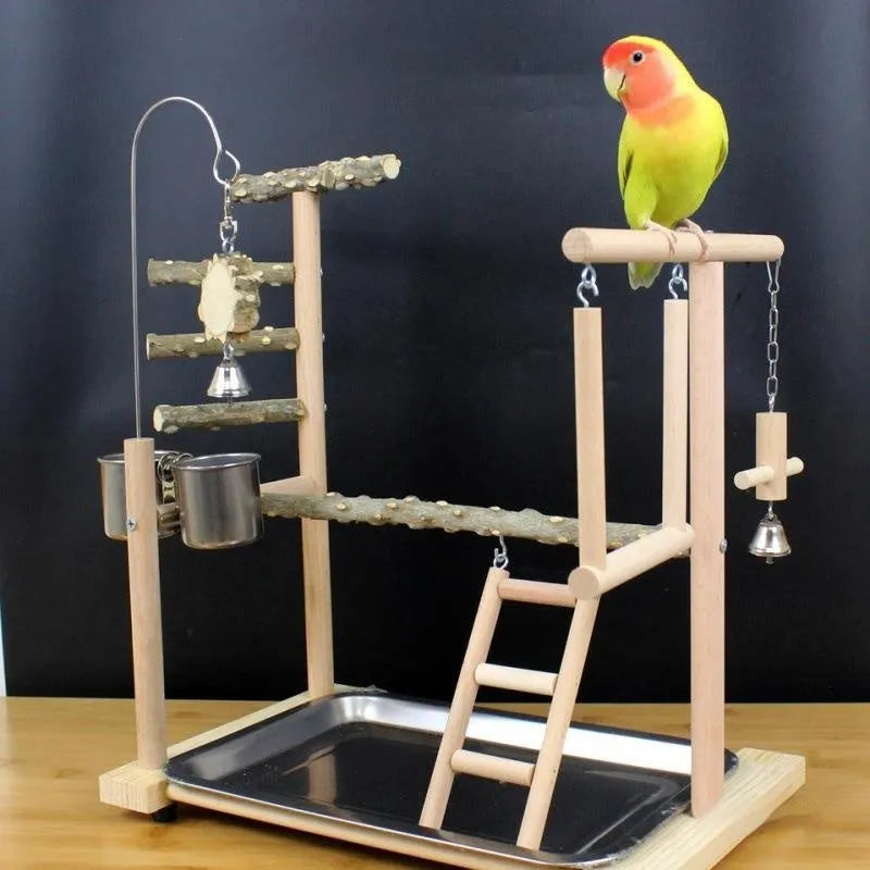 Natural pepper wood parrot toy stand with integrated platform and climbing poles for cage