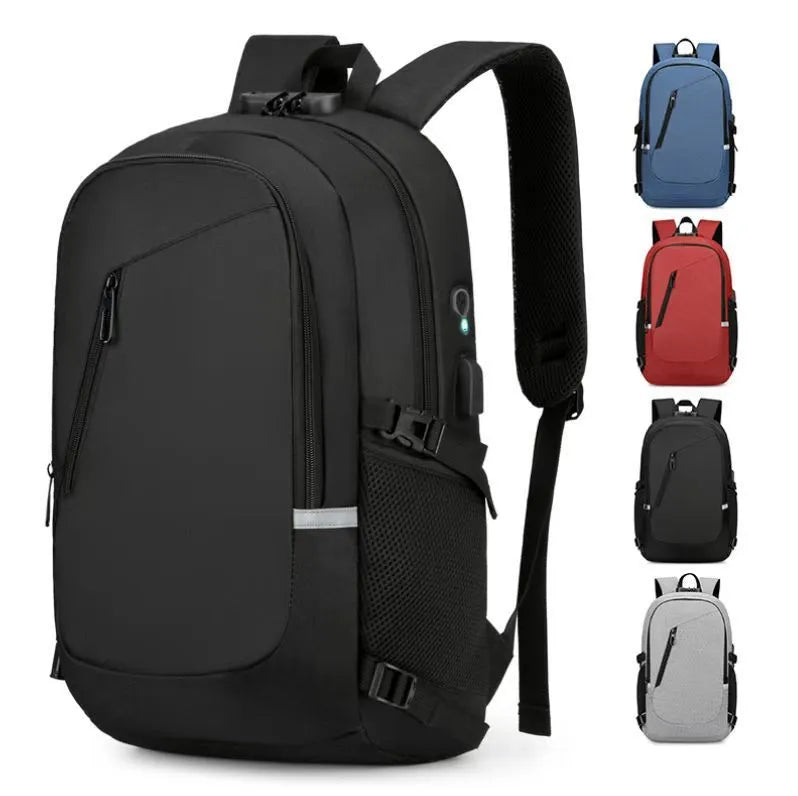 Men's solid colour oxford cloth computer backpack with street style, shown in blue