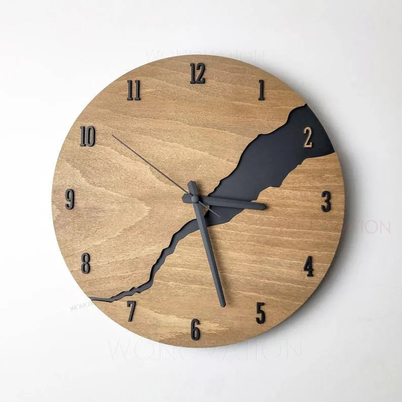 Modern wooden wall clock with a creative crack design on its face, shown in one of five available colour options.