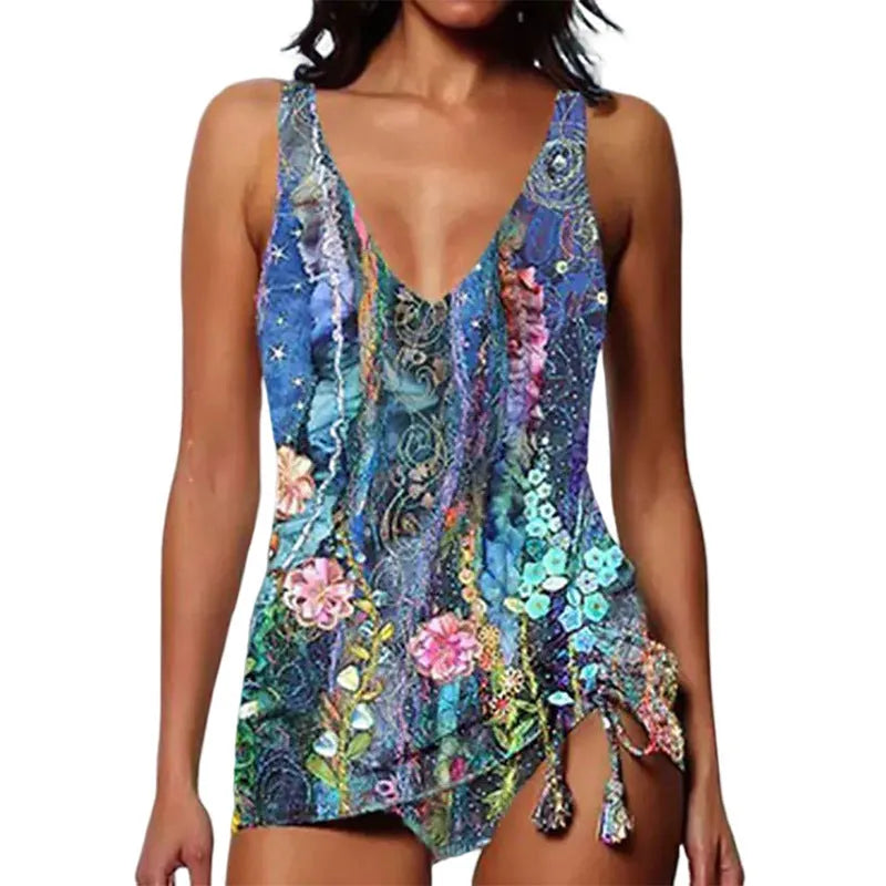 Women's colour 5 printed triangle bikini top with matching split shorts swimsuit.